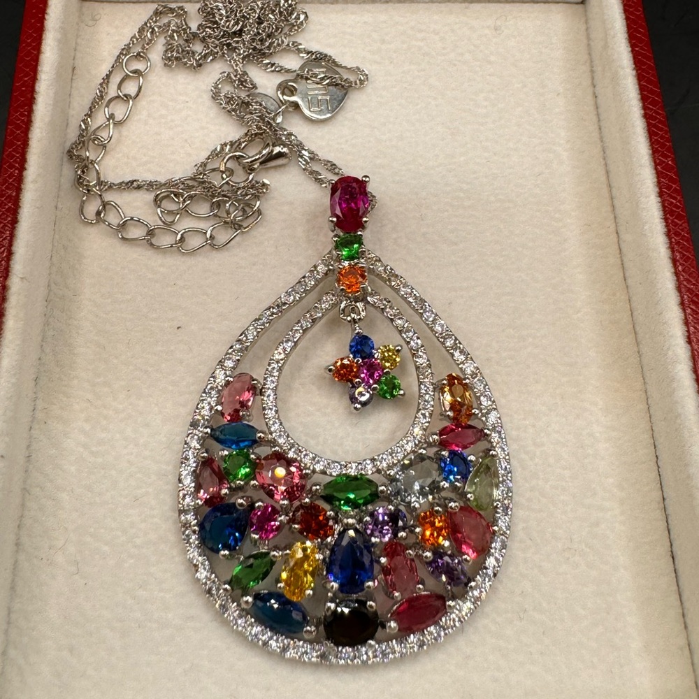 Platinum Plated Sterling Silver pendant with cubic zirconia & multicoloured gems